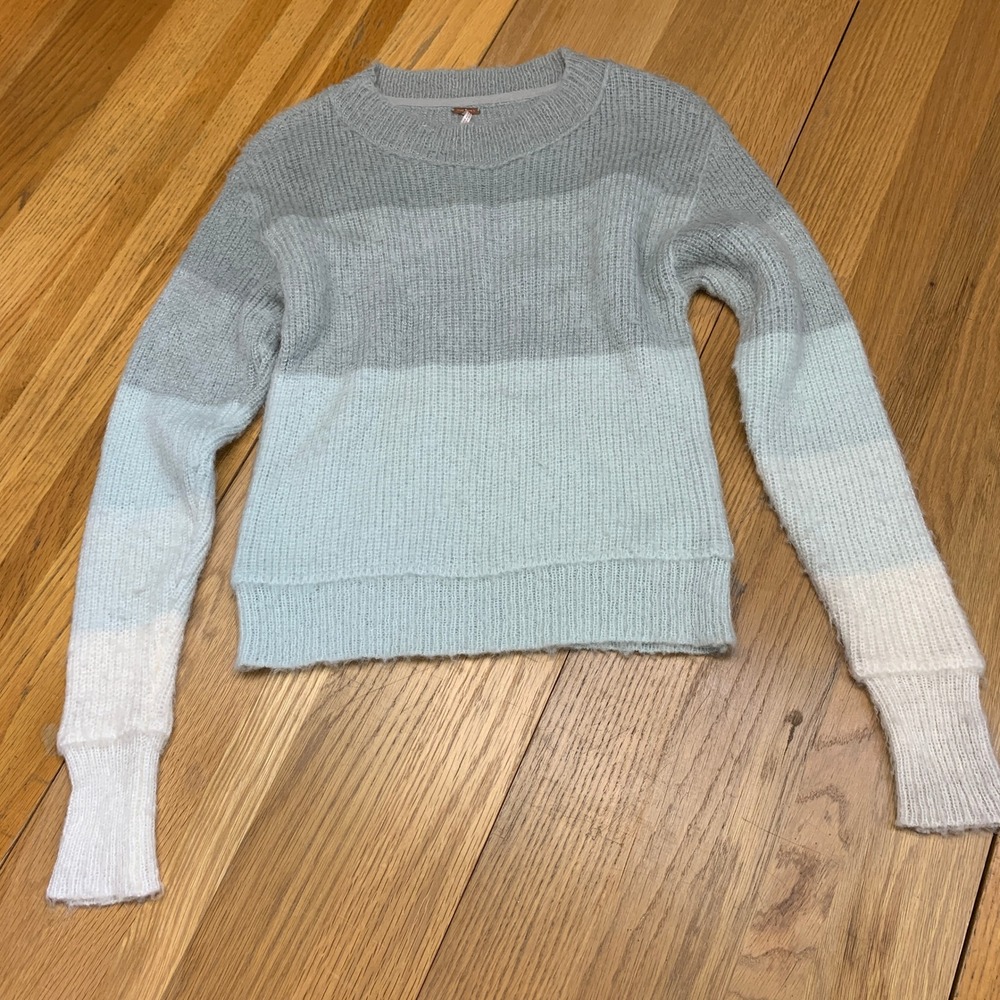 Free People‎ Womens Colorblock Fuzzy Wool Blend Crewneck Sweater Grey Mint XS